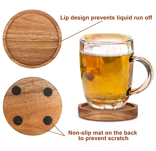 4 Pcs Best Wooden Coasters With Holder Cute Coasters Acacia Wood Drink Coaster Set Round Cool Beer Coaster Decor Beverage Cup Coasters Modern Bar Coasters Gift Best Coffee Table Coasters #TOP3