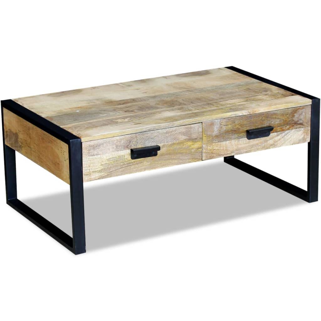 Couchtisch Massivholz Mango 100x60x40 cm - Rustikaler Wohnzimmertisch mit 2 Schubladen und Eisenbeinen, Retro Kaffeetisch aus Holz und Metall für das Wohnzimmer