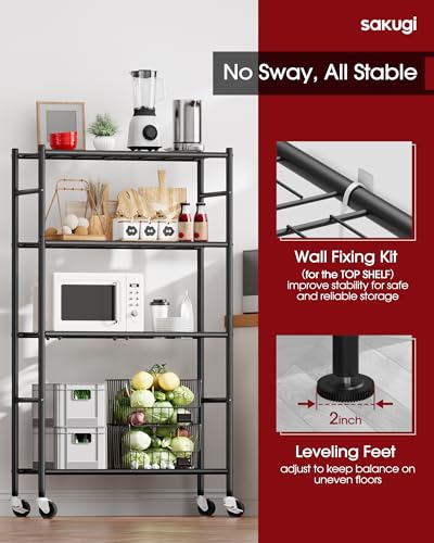 Image of Sakugi 4-Tier Storage Shelves 33.1 inch x12.6 inch x58.9 inch Black with Wheels | Kitchen, Closet, Pantry, Garage, Heavy Duty, Adjustable Feet, Metal Construction