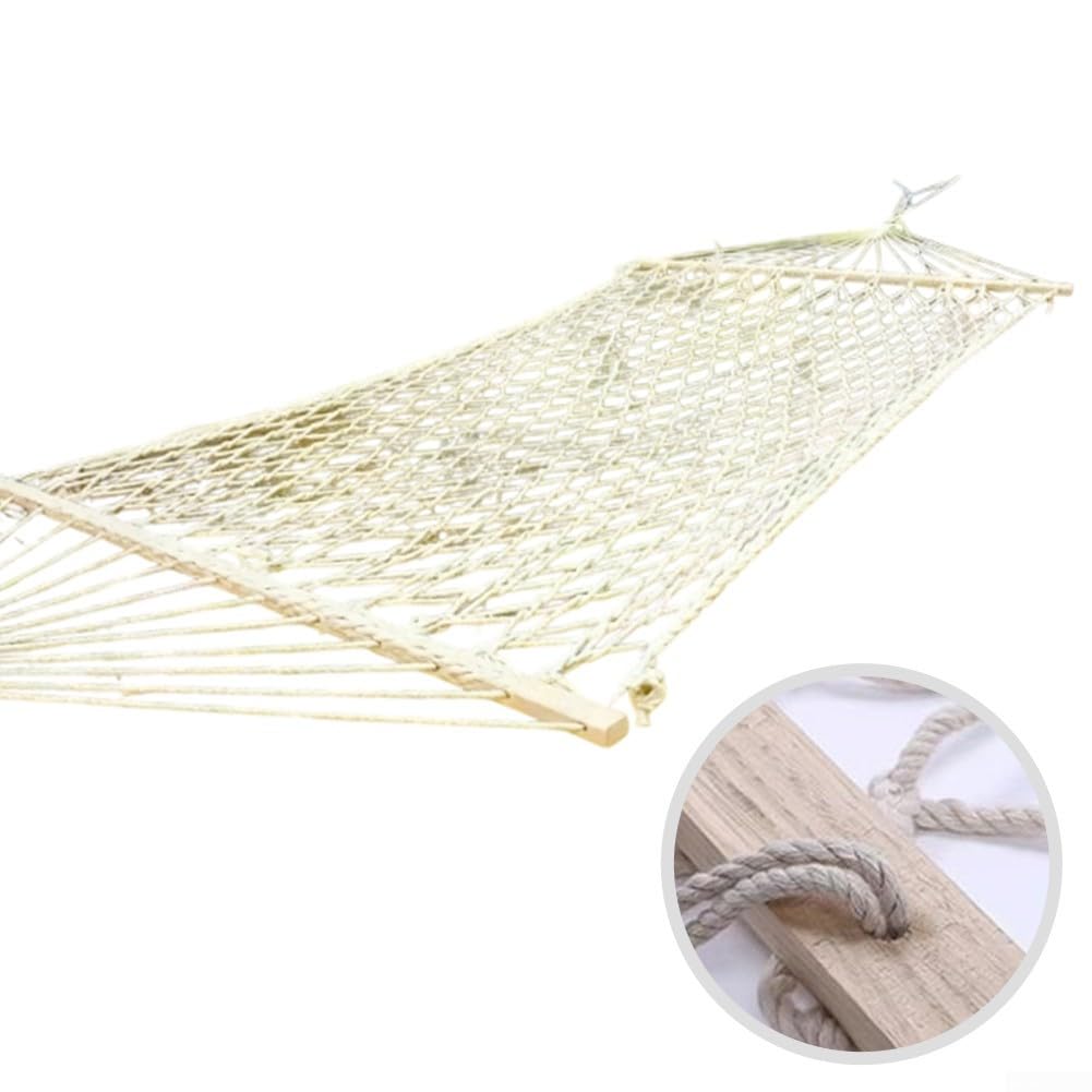 Hamacas grandes de cuerda de algodón con barras separadoras de madera dura, cama colgante tejida a mano para patio al aire libre, patio, jardín, piscina y uso en interiores (sin borlas)