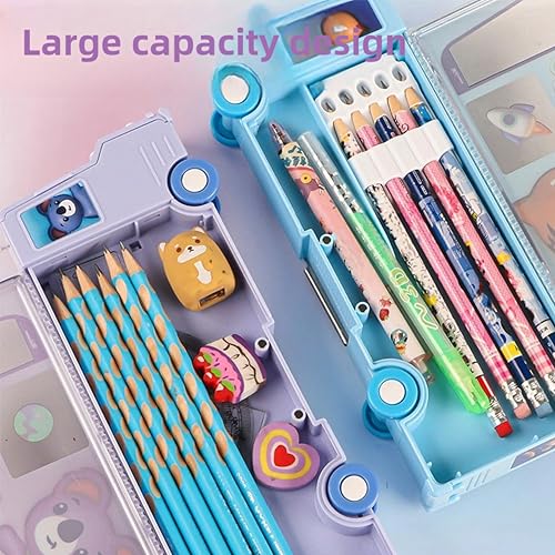 Image of School Bus Pencil Case, Cartoon Pen Box with Sharpener, Large Capacity Stationery Organizer, Best Birthday Gifts for Kids Teens School Supplies(Purple)