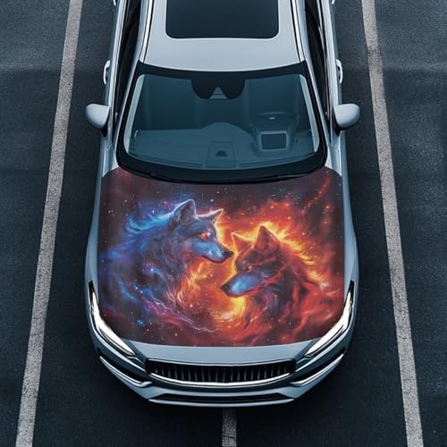 Image of Renewold Car Hood Cover Protector, Red Blue Flame Wolf Print, Hood Covers for Cars, Vehicle Hood Wrap Blanket, Women Men Automotive Exterior Accessories, Auto Decor for Outdoor Indoor