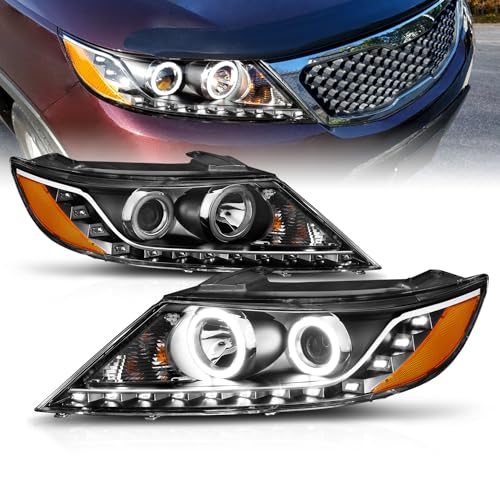 AmeriLite for 2011-2013 Kia Sorento Black Projector Headlights Xtreme Bright LED Halo Ring Set - Passenger and Driver Side
