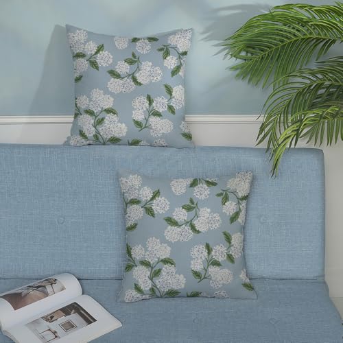 Gloteery Baby Blue Throw Pillow Covers 16x16 Inch 2 Pcs Light Blue Green Hydrangea Floral Decor Pillow Covers Vintage Flower Spring Summer Outdoor Decorative Pillowcase Linen Cushion Cover for Couch — view 3