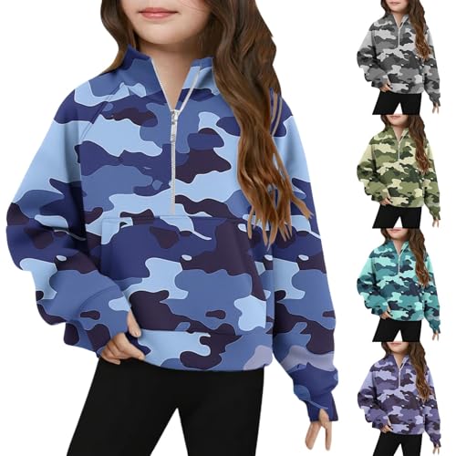 Girls Camouflage Stand Collar Sweatshirt Half Zip Loose Graphic Tee Tops Long Sleeve Pullover Casual T-Shirts for 5-14 Years2