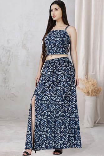 Image of POPWINGS Casual Bagru Printed Cotton Top and Skirt Set for Women || Pom Pom Top and Long Slit Skirt Set for Women || Two Piece Women Set for Summer