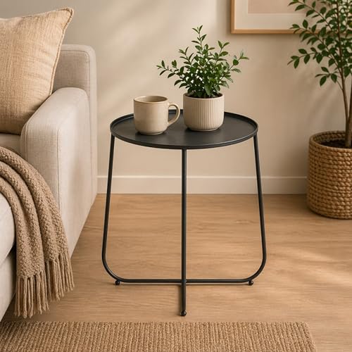 Image of Metal Side Table for Living Room | End Table, Coffee Table, Bedside Table, Plant Stand for Indoor Outdoor |Round Metal Table, Sofa Side Table (Anti -Rust) | No Assembly Required | Black