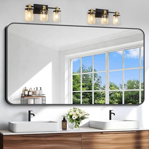 Image of Black Bathroom Mirror, 66x36 inch Aluminum Metal Frame Rectangular Vanity Mirror, Large Wall Mounted Rectangle Mirrors with Rounded Corner for Over Sink Bedroom Living Room Horizontal /Vertical