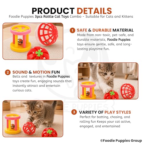 Image of Foodie Puppies Interactive Cat Rattle Toy Combo - (3 Pcs Set) | Rolling Bell Toys for Cats, Kittens & Small Pets | Durable, Lightweight, Safe Plastic, Engaging Indoor Play Toy for Exercise & Fun