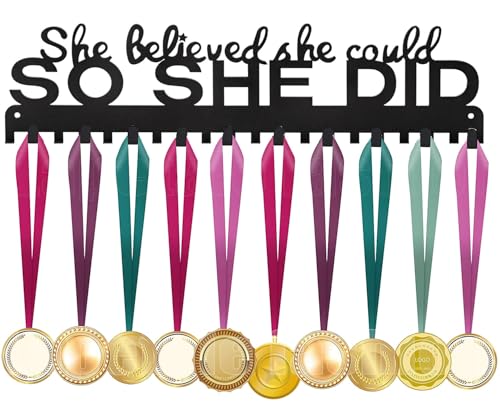 Lapetale Fashion Sports Medal Hanger Display Holder Hook Rack for 60 Medals – She Believed She Could So She Did (16' Wide with 20 Hooks) - Black- Awesome Gifts