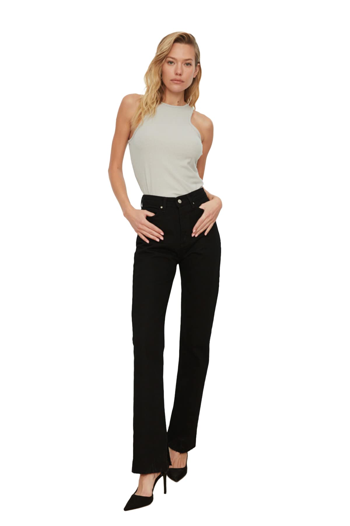 Trendyol Damen Schwarz Rip High Waist Slim Flare Jeans, 40 Eu