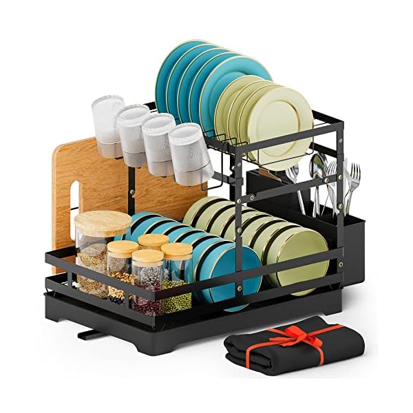 BBXTYLY Large Dish Drying Rack, 2 Tier Collapsible Dish Racks with Drainboard，Drainage, Wine Glass Holder, Utensil Holder and Extra Drying Mat, Dish Drainers for Kitchen Counter (Black)