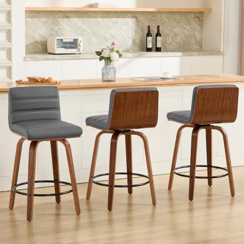 Image of Swivel Bar Stools Set of 3,26 inch Faux Leather Counter Height Barstools with Back,Mid Century Modern Upholstered Bar Chairs with Bentwood Legs Island Stools for Kitchen Counter Darkgrey