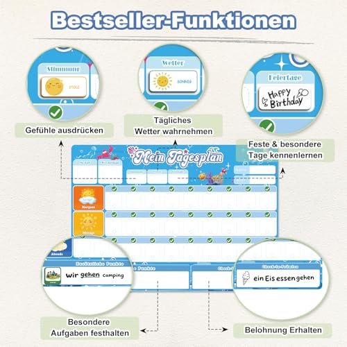 Zingbee Routine Planer Kinder– 3 in 1 Tagesplaner Kinder Routine für Morgen, Mittag & Abend – Visueller Belohnungstafel kinder mit abwischbarem Stift, inkl. 2 Aufbewahrungstaschen