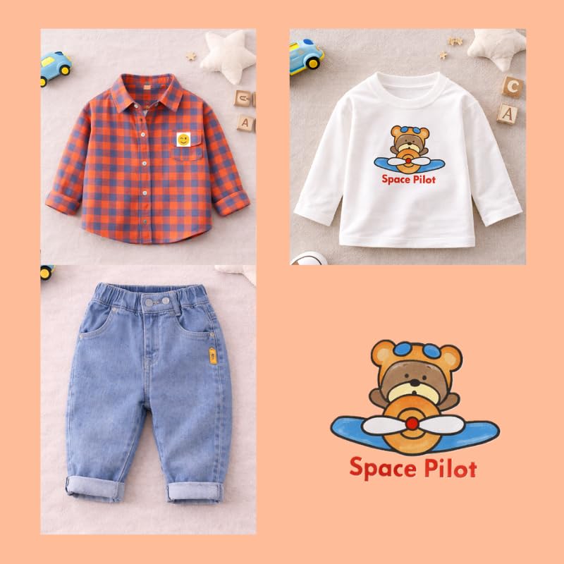 OrJana Set Abbigliamento Bambino 3 Pezzi, Camicia a Quadri, T-Shirt Bianca manica lunga, Jeans Blu