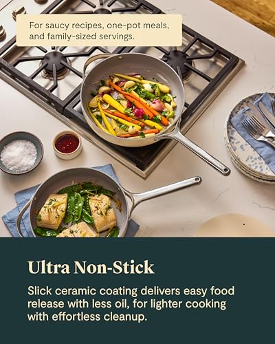 Image of Caraway Nonstick Ceramic Saute Pan with Lid (4.5 qt, 12 inch) - Non Toxic, PTFE & PFOA Free - Oven Safe & Compatible with All Stovetops (Gas, Electric & Induction) - Navy