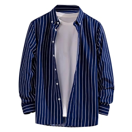 Camisa de hombre Regular Fit de manga larga, camisa a rayas bicolor con solapa con botones, manga larga, para ocio, tallas grandes, camiseta de manga larga ligera, moda, cómoda, camiseta de verano