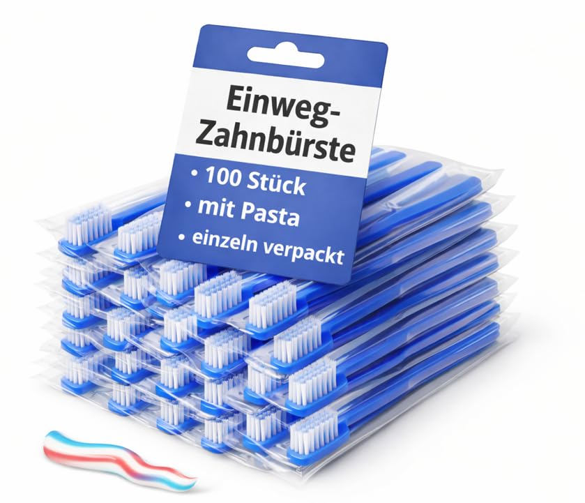 BUXMED 100 Stück Einweg Zahnbürste blau mit Zahnpasta Einmalzahnbürste Travel Toothbrush Zahnbürste To Go für Krankenhaus Pflege Notfall Patientenversorgung Hotel & Reise