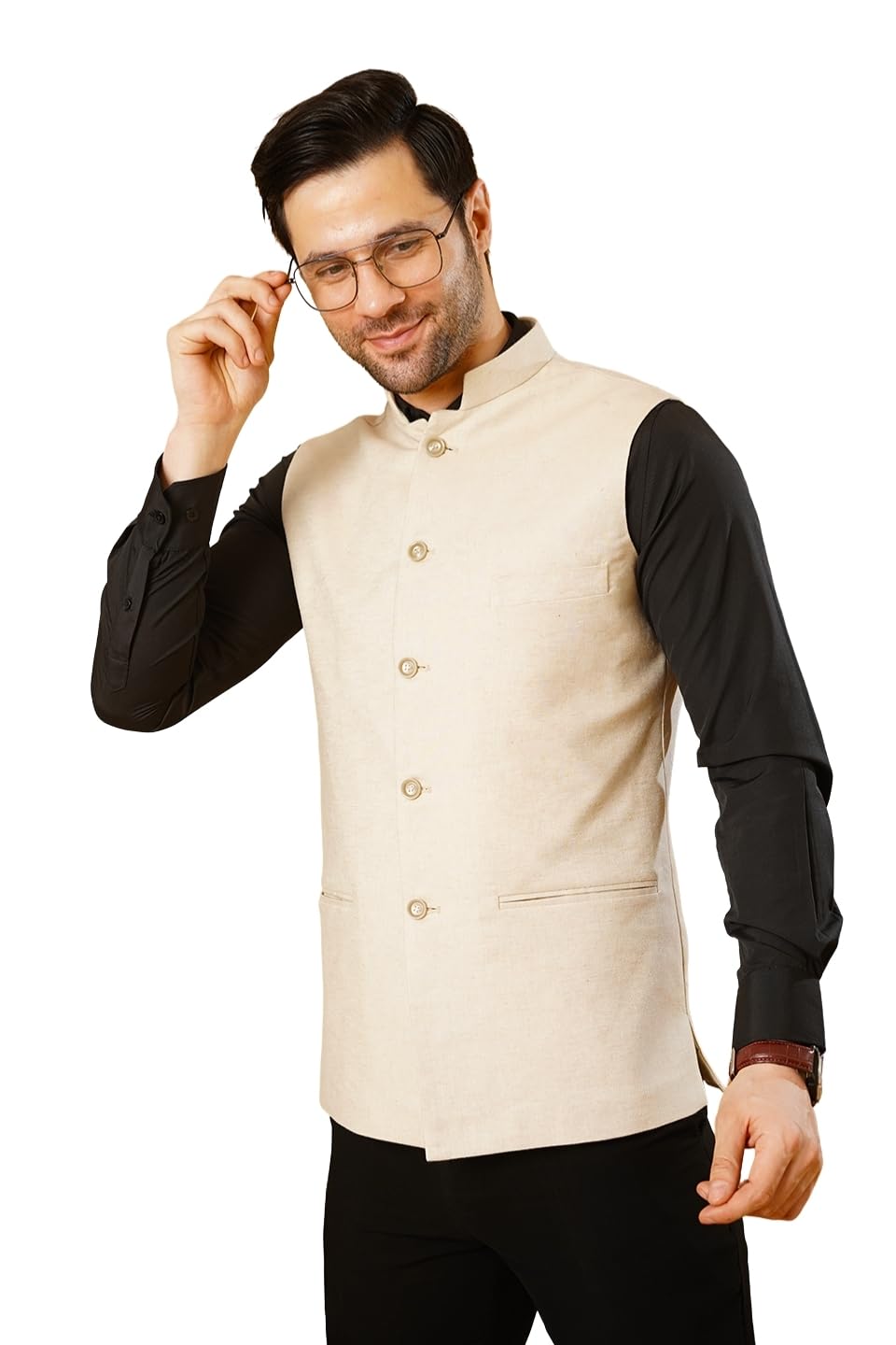 Men's Linen Cream Nehru Jacket-image-6