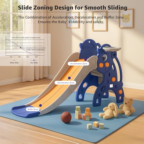 Image of Amazon Brand - Solimo Modern Unicorn Slide-Junior for 2-5 Year Kids| Indoor Outdoor SlideIwith Basketball RingIEasy to CleanIRounded EdgesIEasy AssemblyISmall 42 X 62 X 75cmIBlue&Orange