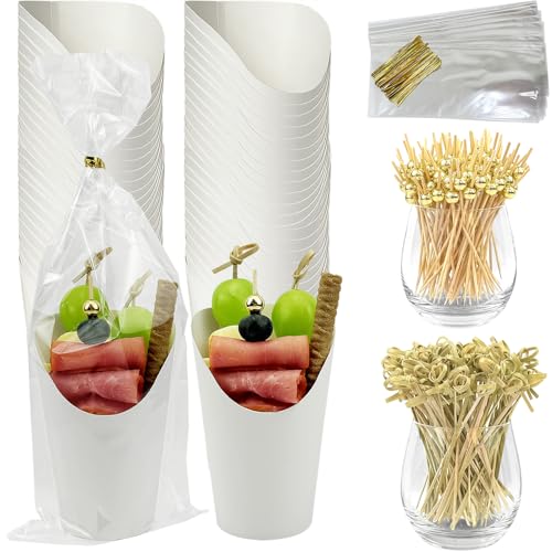 CAMKYDE 50 Sets Disposable Charcuterie Cups with Sticks and Bags 12 oz White Paper Snack Appetizers Cup French Fry Holder with Cocktail Picks Toothpicks (50 Cups+50 Bags+200 Sticks)