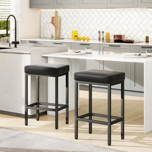 Miniatura 7 de Ymyny Taburete Alto De Cocina Negro En Cuero Pu Con Cojín De 6 Cm Y Base De Metal, 66 Cm Para Mostrador
