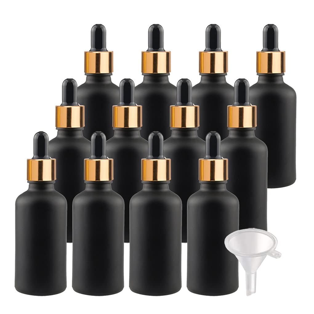 24 Piezas Negro Mate Frasco Cuentagotas Cristal 50ml, Botellas Cuentagotas Vacío con Pipeta de Vidrio Oro/Negro, para Fragancias de Aromaterapia de Aceites Esenciales, Masaje, Viaje