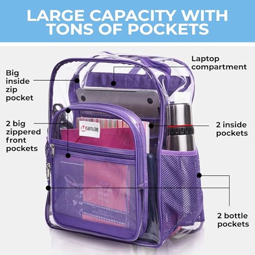 Image of Clear Backpack Heavy Duty XL - H18''xW14''xD8. Has TSA Lock - Purple | PVC Transparent Backpack Has 2-WAY Premium Zipper and Key Holder. Extra Large