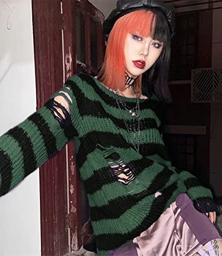 Image of Goth Y2K Striped Sweater Grunge Ripped Punk Gothic Sweaters for Women