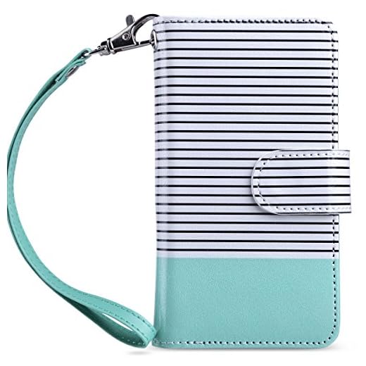 ULAK iPod Touch 7th Generation Case, iPod Touch 6 Wallet Case, Premium PU Leather Flip Wallet Case with Card Holder Stand Shockproof Folio Cover for iPod Touch 5/6/7, Mint Stripes