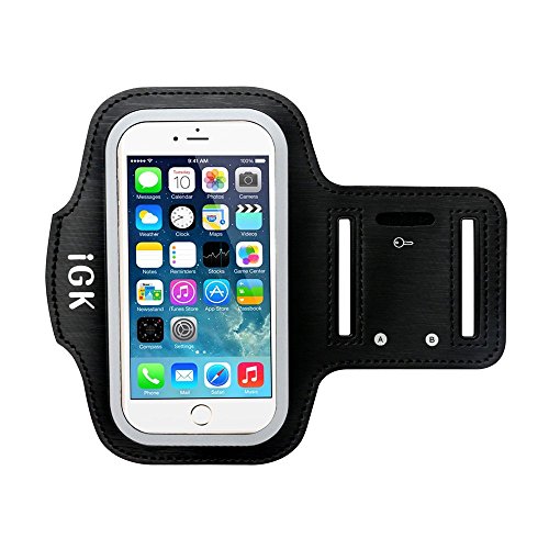 iGK Premium Water Resistant Sports Armband for iPhone 7/7S/6S/6/5S/5/5C/4/4S with Dual Arm-Size Slots and Key Holder (Black,Neoprene+Polyester)