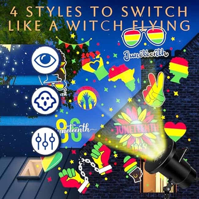 Juneteenth Holiday Projector Light with 1 Film Slides LED Projector Lights Outdoor Reflectors Waterproof Landscape Decorative Rotation Lighting Movement Projection Lamp for Party