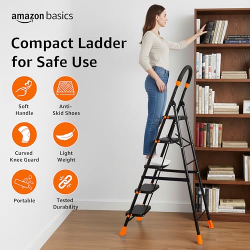 Image of Amazon Basics Curvo - Foldable Step Ladder, Ribbed Steps, Knee Guard, Non-Marring PVC Shoes, 5 Steps (Black & Orange)