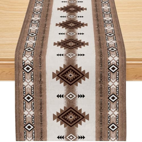 Image of Aztec Geometric Table Runner, Southwestern Tribal Pattern Faux Linen, Rustic Brown Boho Dining Table Decor for Farmhouse Kitchens 13x90 Inch
