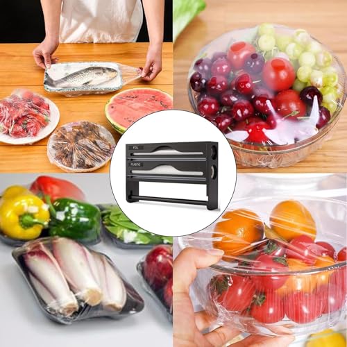 Dispenser e taglierina 3 in 1, in bambù, per pellicola trasparente, fogli di latta e carta pergamena, adatto per rotoli da 34,3 cm, organizer da cucina, durevole ed elegante (bianco)