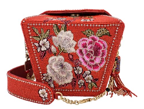 Image of Mary Frances Scarlet Bloom Beaded Top Handle Handbag - Oriental Bridal Purse with Mythical Motif, Red