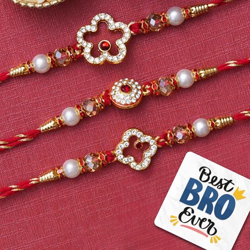 Image of eCraftIndia Set of 3 White & Red Diamonds Pearls Designer Rakhis, Best Bro Ever Fridge Magnet with Roli Chawal Pack - Rakhis for Brother, Bhabhi, Kids