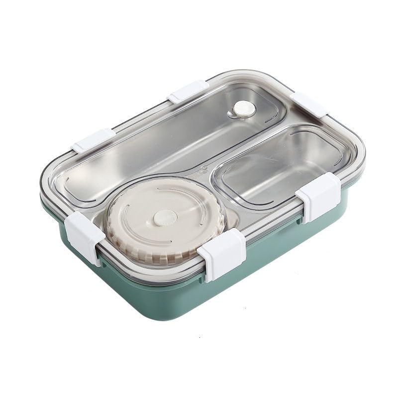 Image of 3 Compartment SUS304 Stainless Steel Lunch Box with Sauce Cup & Cutlery, Leak-Proof Partition Bento Box for School, Office & Travel