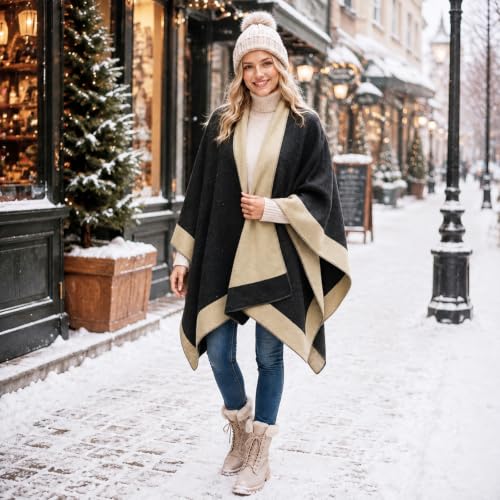Image of Plaid Shawl Wrap for Women Boho Open Front Poncho Wrap Fall Winter