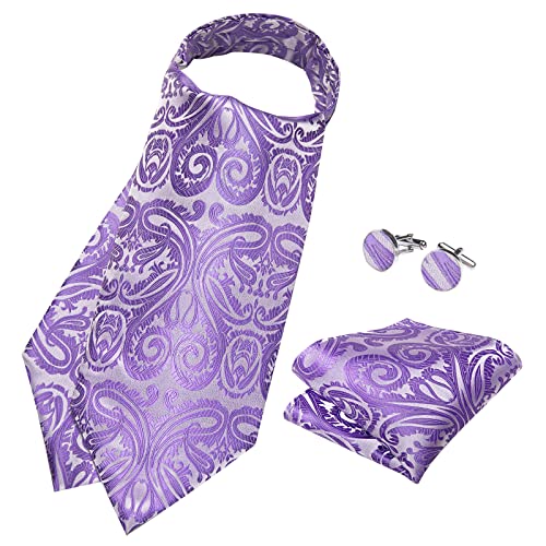 Image of DiBanGu Mens Silk Ascot Ties Paisley Jacquard Woven Cravat and Pocket Square Cufflinks with Lapel Pin for Business Wedding