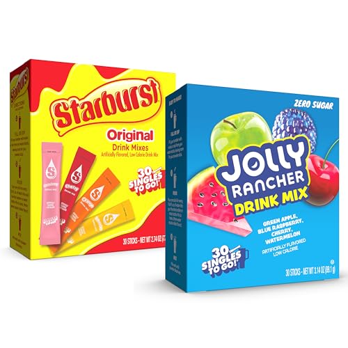 Jolly Rancher & Starburst Drink Mix Variety Bundle – 60 Singles to Go Powdered Drink Mix Sticks – Zero Sugar, Low Calorie Water Flavoring Packets – 4 Classic Flavors Each