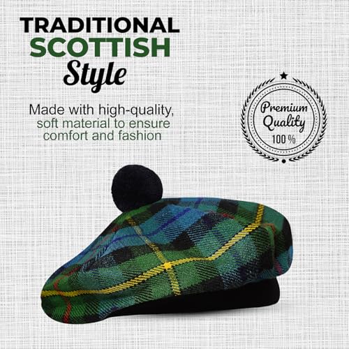 Image of Scottish Tam O' Shanter Hat Tartan Bonnet Pom Pom Wool Flat Cap One Size