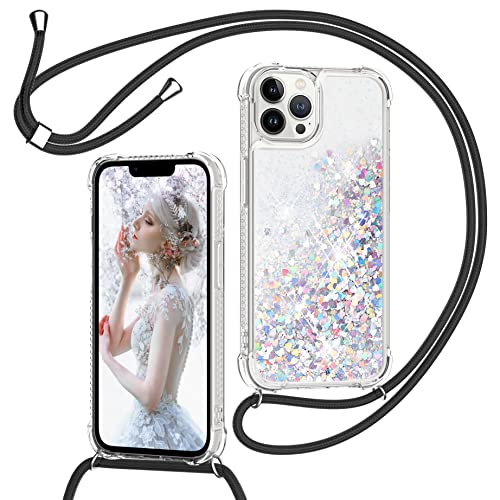 HUMUCASE Collier Cordon Coque pour iPhone 13 Pro 6.1'', Housse Glitter Paillette Souple Silicone Transparente TPU Antichoc Étui de Protection avec Réglable Lanière Tour de Cou Chaîne - Noir Cover