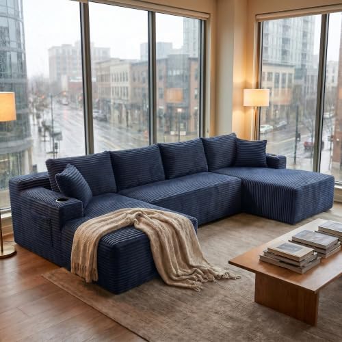 125" U-Shaped Cloud Sectional with Storage & Cupholders