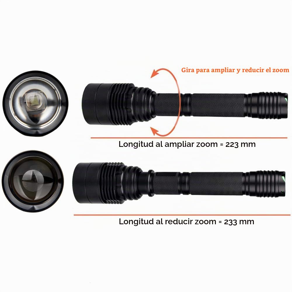 Luz Verde de Caza con Vision Nocturna, Linterna con Zoom 1 Modo, Largo Alcance con Pulsador Remoto, Baterías Recargables y Tubo de Extensión