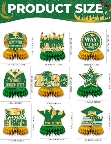 Image of Graduation Table Decorations Class of 2026, 9Pcs Graduation Centerpieces for Tables Green Gold Honeycomb Centerpiece Congrats Grad Table Toppers Congratulate Decorations for Grad Party Supplies