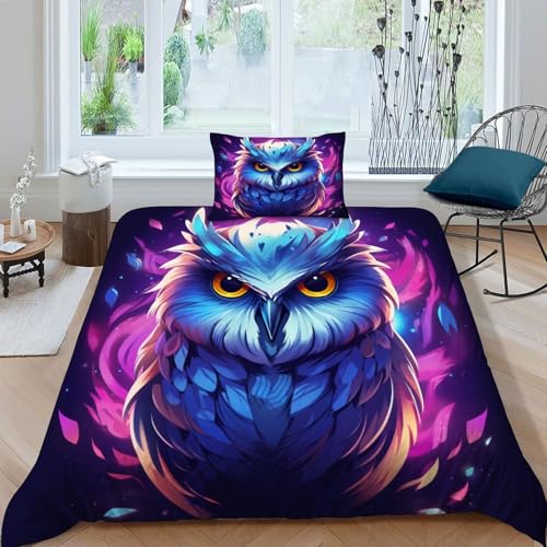 Housse de couette hibou 3D animaux dessin animé, parure lit simple microfibre douce