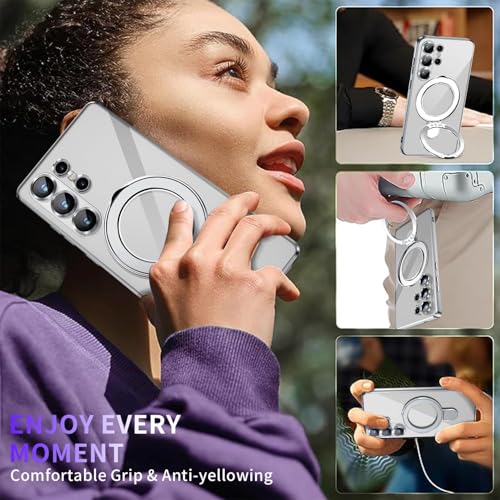 Image of Magnetic Stand & Full Camera Lens Protector Case for Samsung Galaxy S25 Ultra[Compatible with MagSafe][Military Drop Protective]Not Yellowing Clear Slim Soft S25 Ultra Phone Case for Women Men,Silver