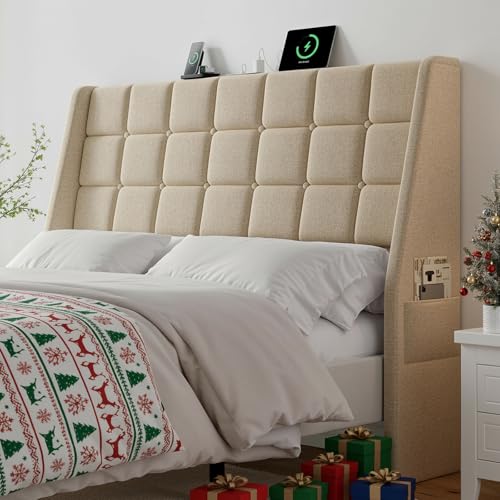 Ergonomic Upholstered Headboard Queen Size w/Charging Station, Linen Wingback Headboards w/Storage...