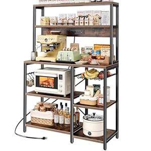 SUPERJARE Bakers Rack with Power Outlet, 35.4 Inches Coffee Bar with Wire Basket, Kitchen Microwave Stand with 6 S-Shaped Hooks, Open Storage Shelves, Rustic Brown